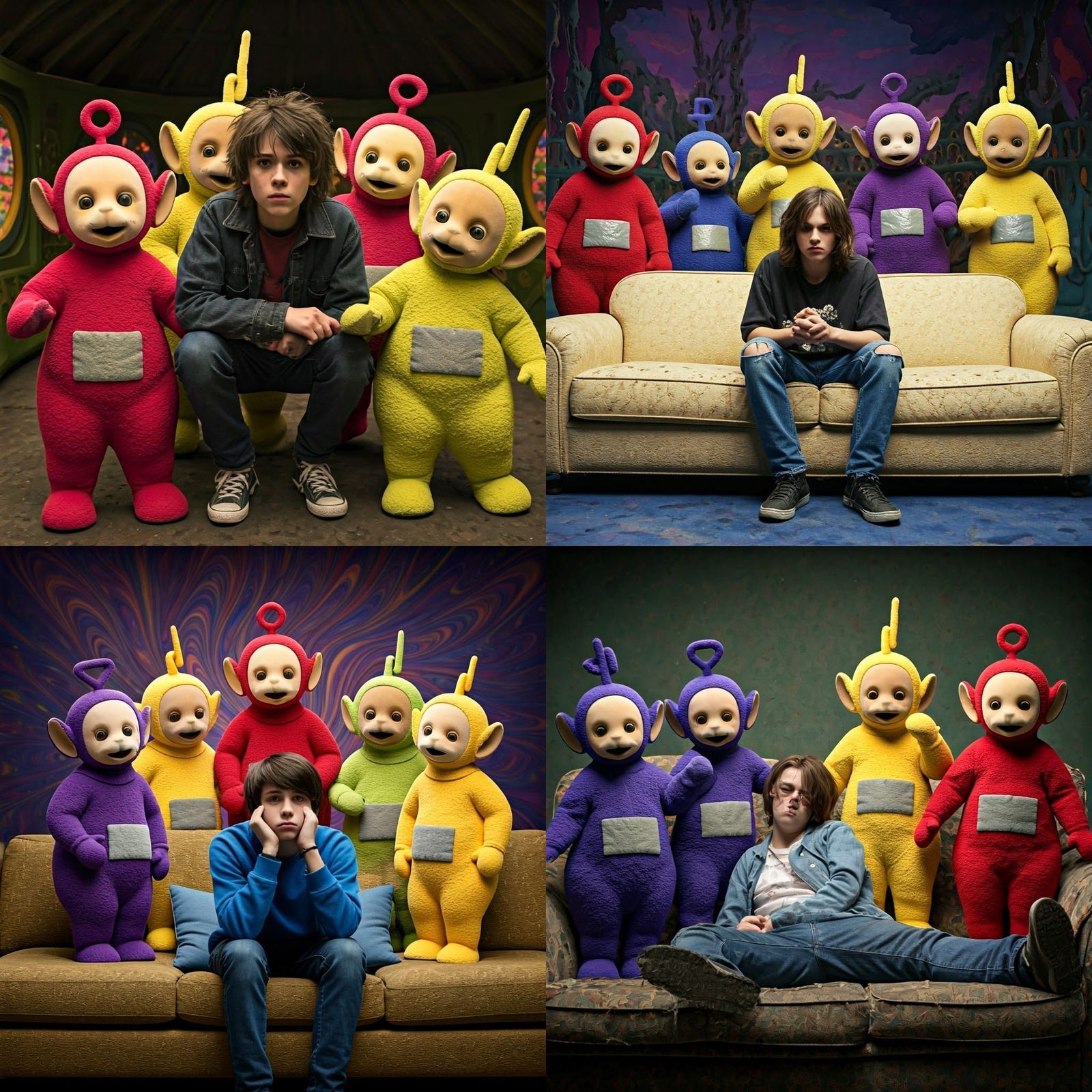 Cheerful Teletubbies Surround a Disapproving Teenager