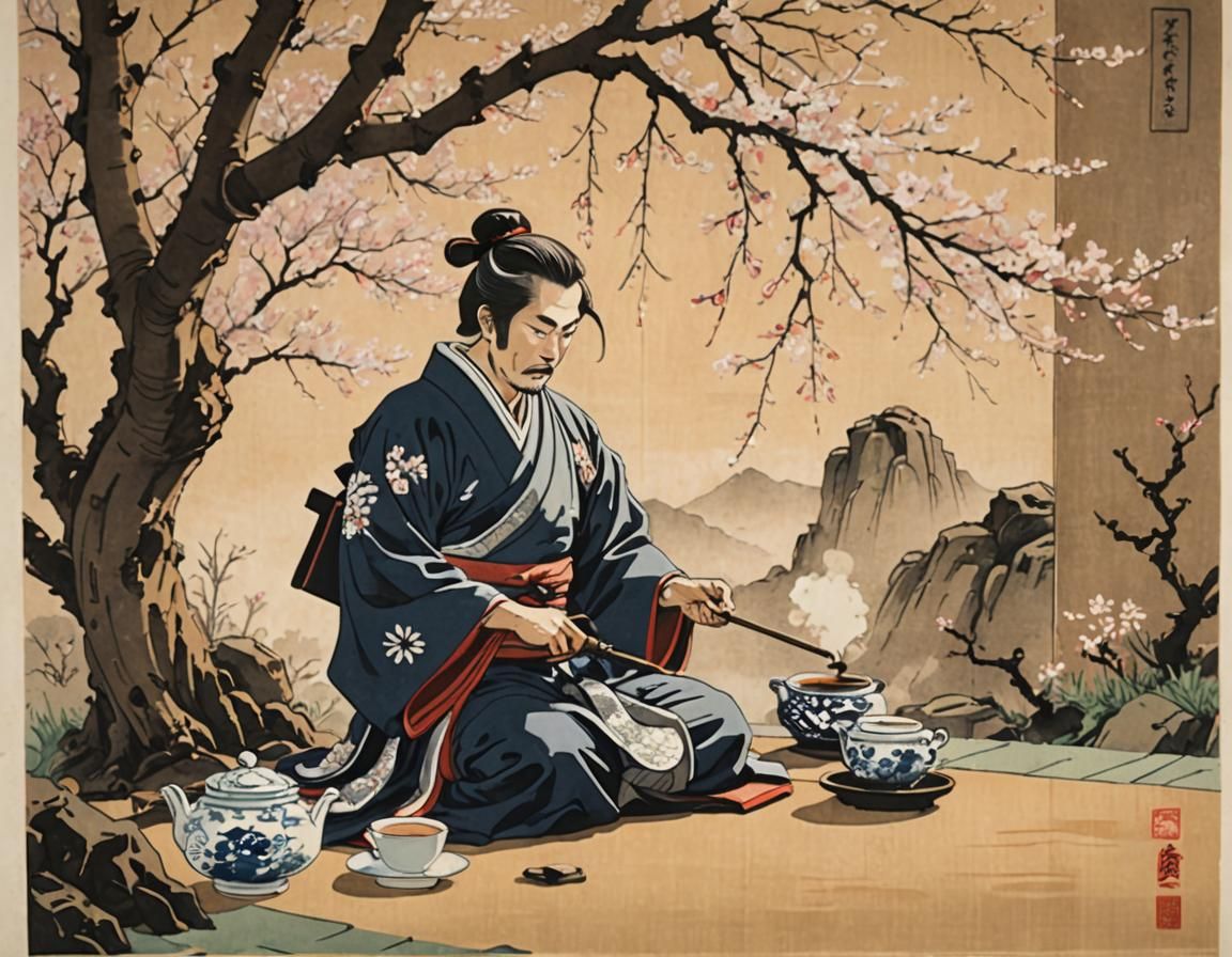 Samurai Tea Ceremony in Ukiyo-e Style