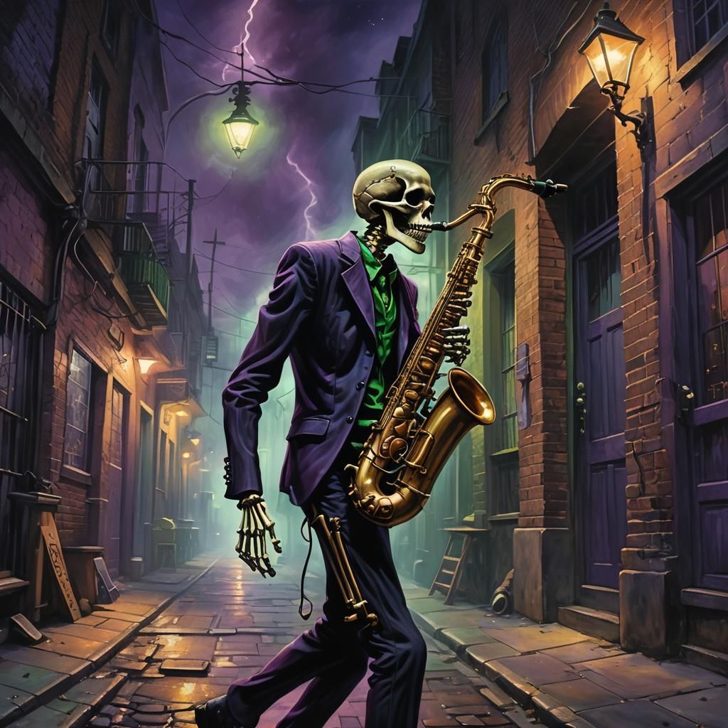 Skeleton Saxophonist in Dark Surrealist Oil Painting