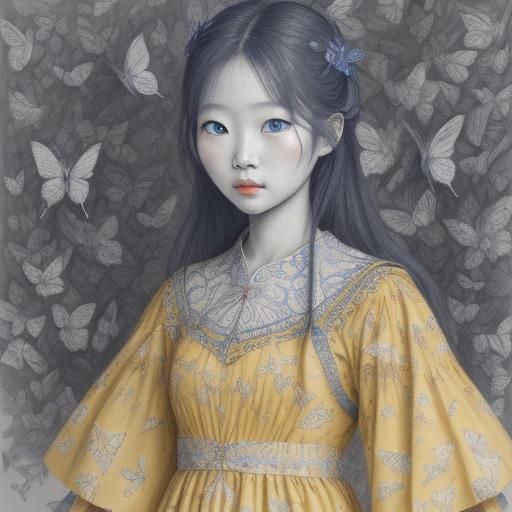 South Korean Girl in Butterfly Dress: Charcoal Drawing