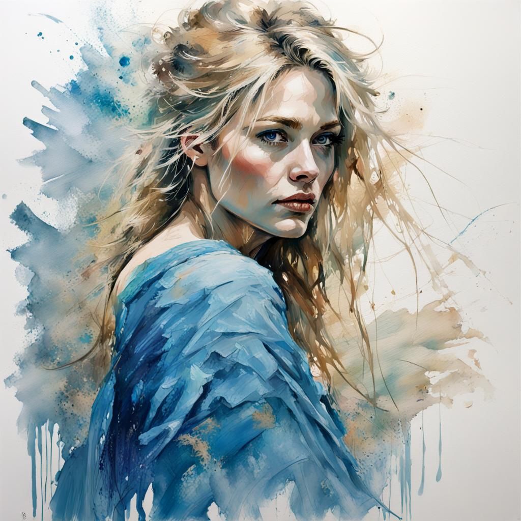 Blonde Woman in Blue Dress: Impressionistic Portrait