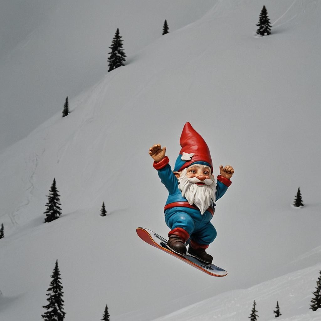 Gnome's Snowy Flight on Snowboard