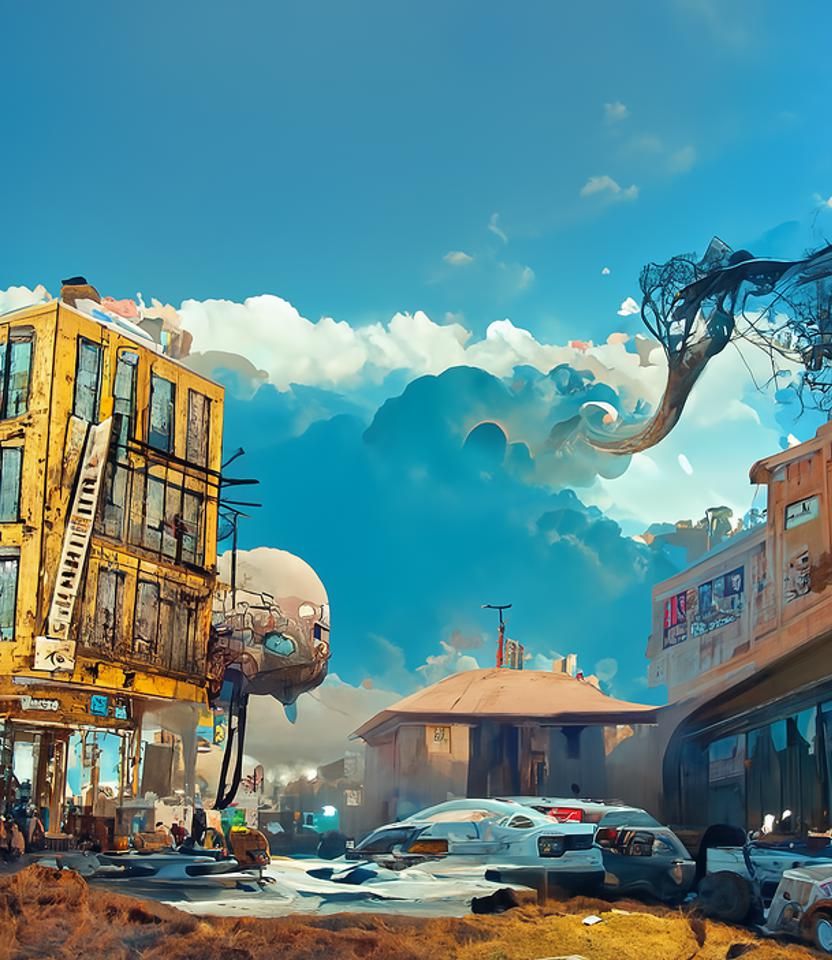 Urban Village with Giant Jelly Cloud, Digital Illustration