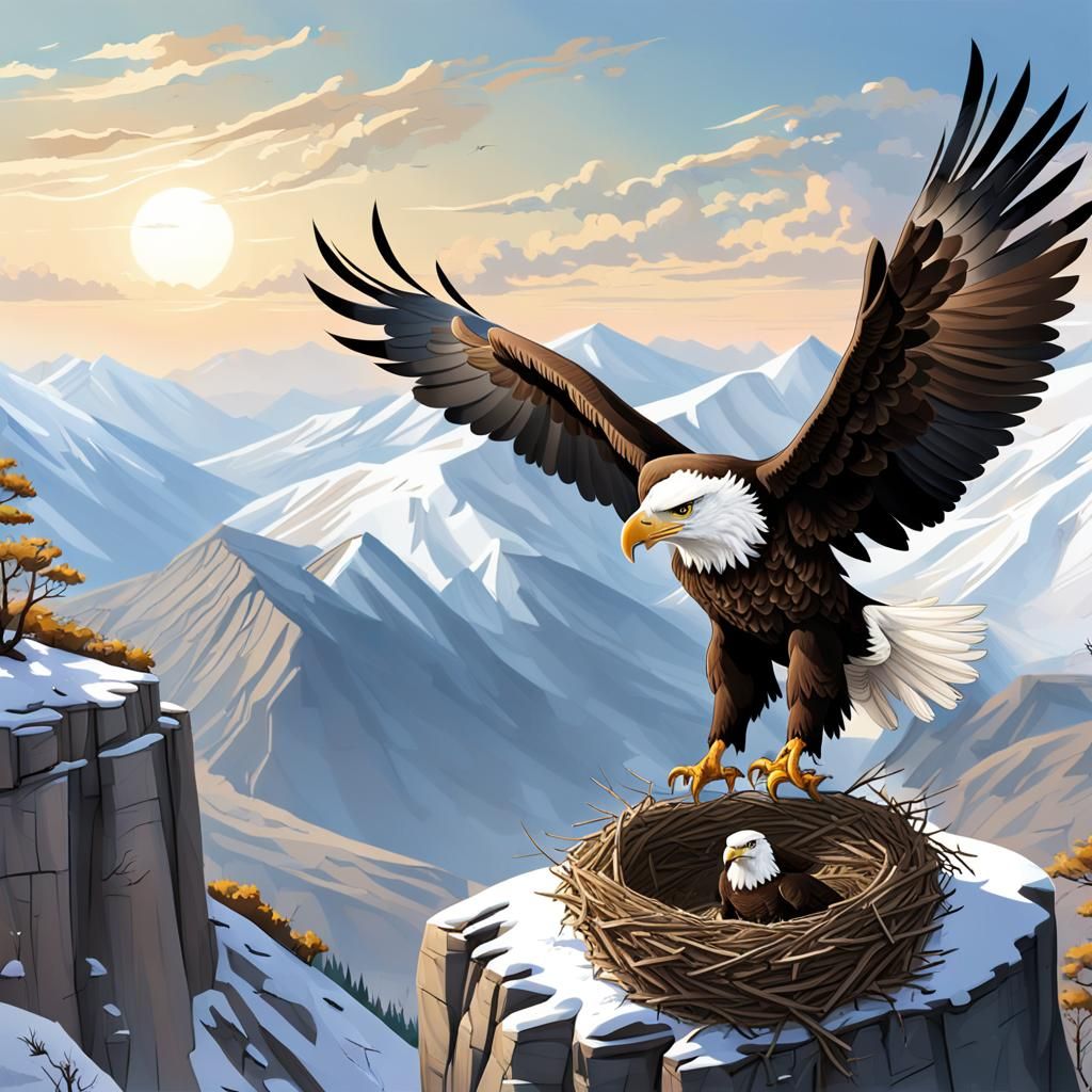 Majestic Eagle Protecting Nest on Cliffside: Digital Art
