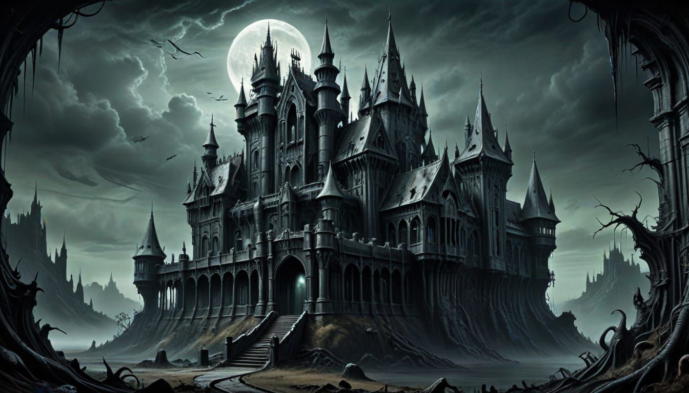 Haunted Castle: Spectral Gothic Landscape in Giger Style