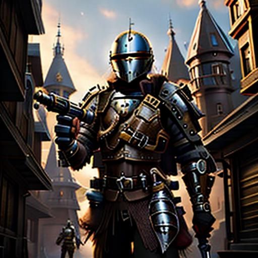 Mandalorian with Bowcaster in Medieval Steampunk Cityscape