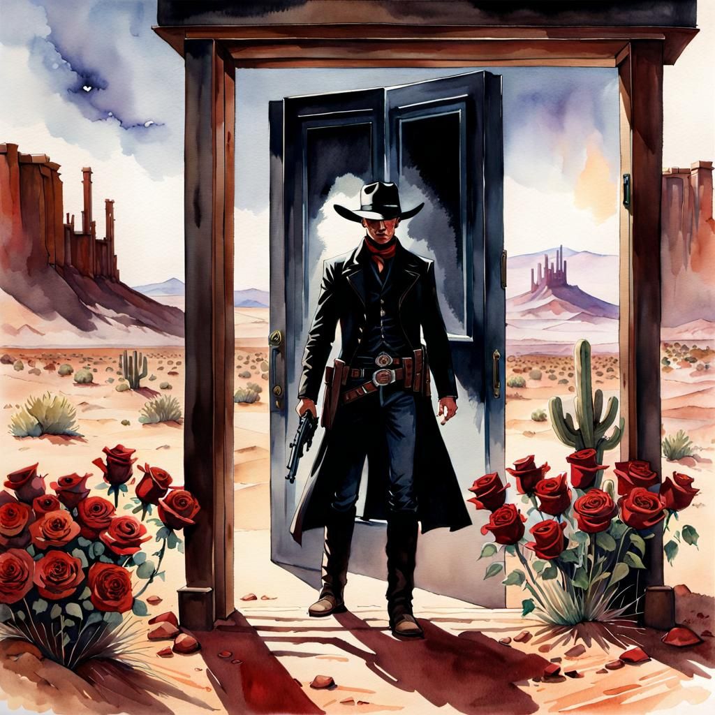 Gunslinger in Desert Landscape: Watercolor Book Cover