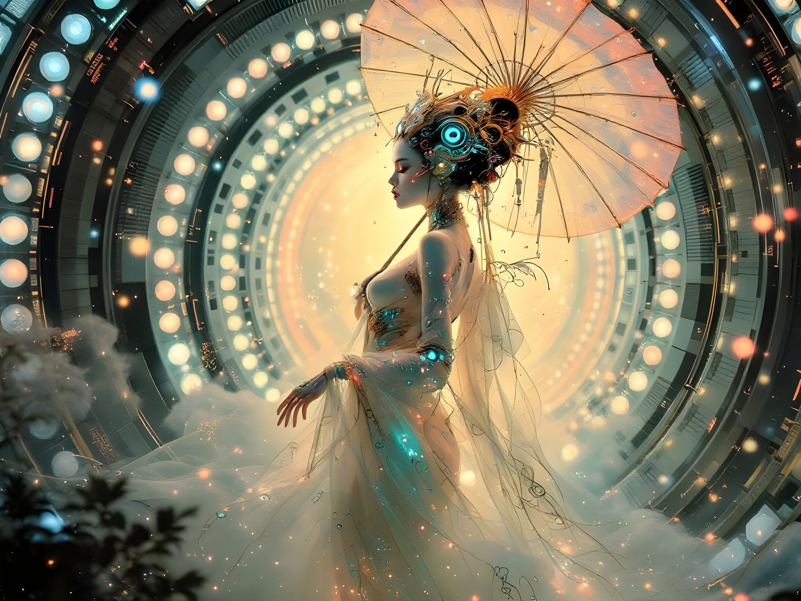 Android Geisha Emerges from Portal in Biomechanical Art