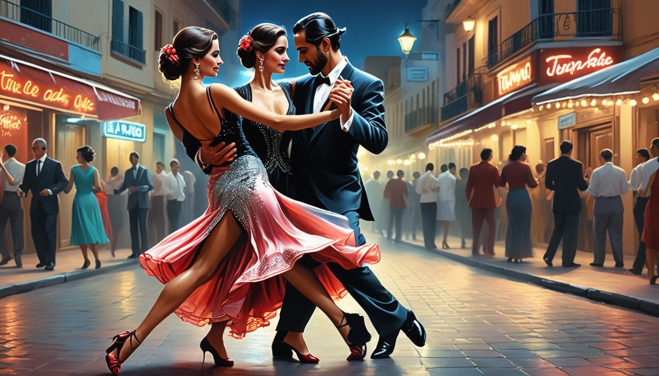 Argentine Tango Couple Dancing in Tunis: Hyperreal Neon