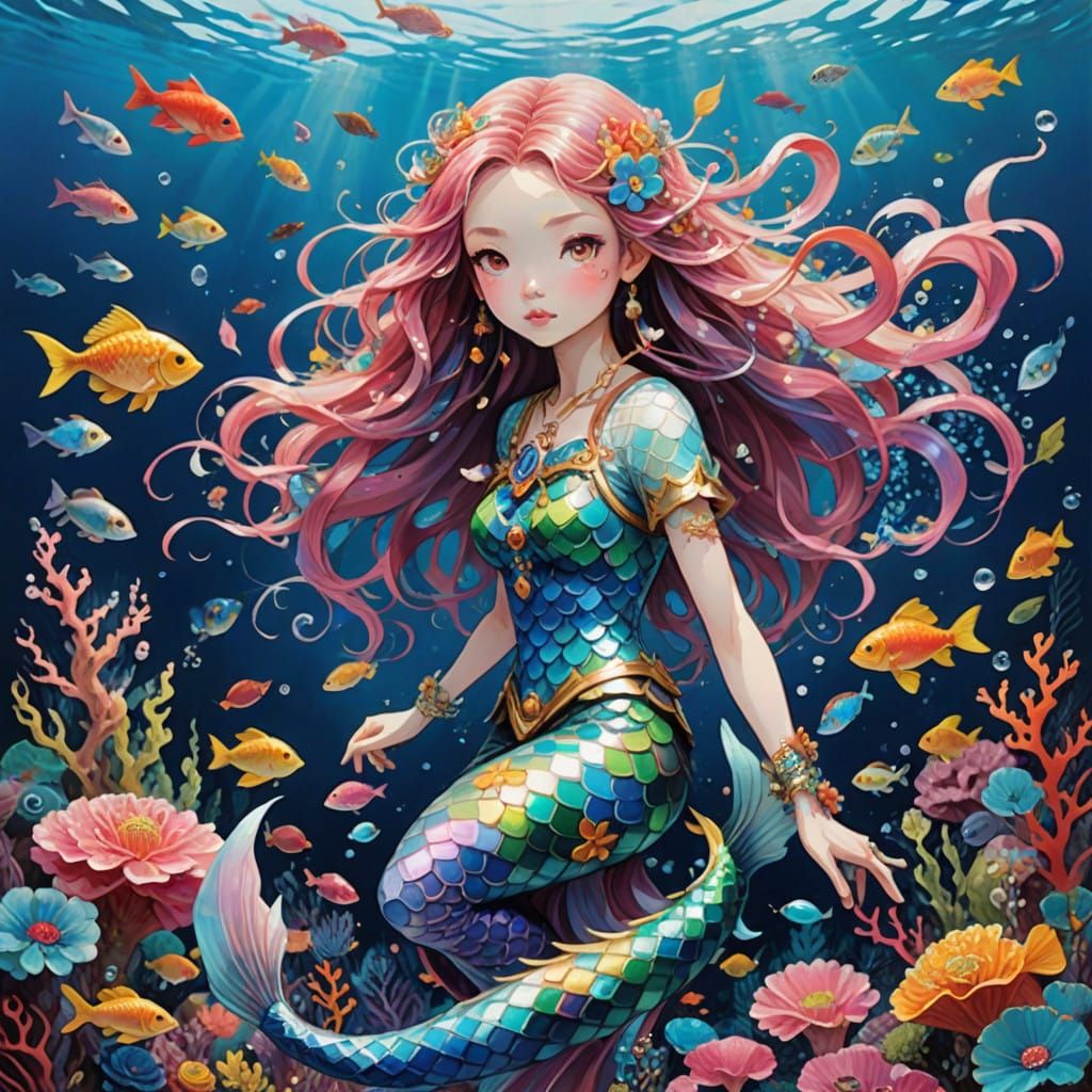 Pastel Mermaid in Vibrant Coral Waters