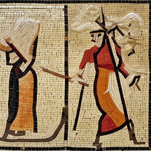 Mosaic of Cruelty with Squire and Bow in Origami Style