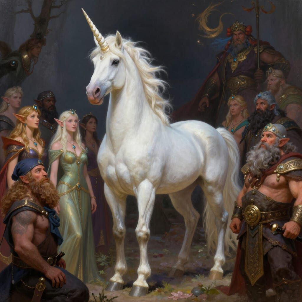 Majestic Unicorn with Elves, Dwarves, and Humans in Fantasy ...