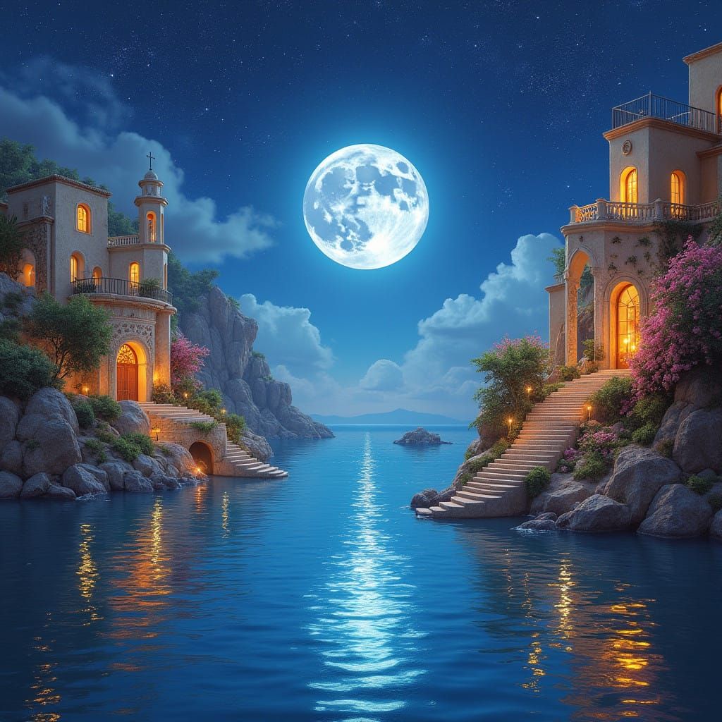 Mediterranean Sea under a Vibrant Full Moon in a Fantasy Wor...