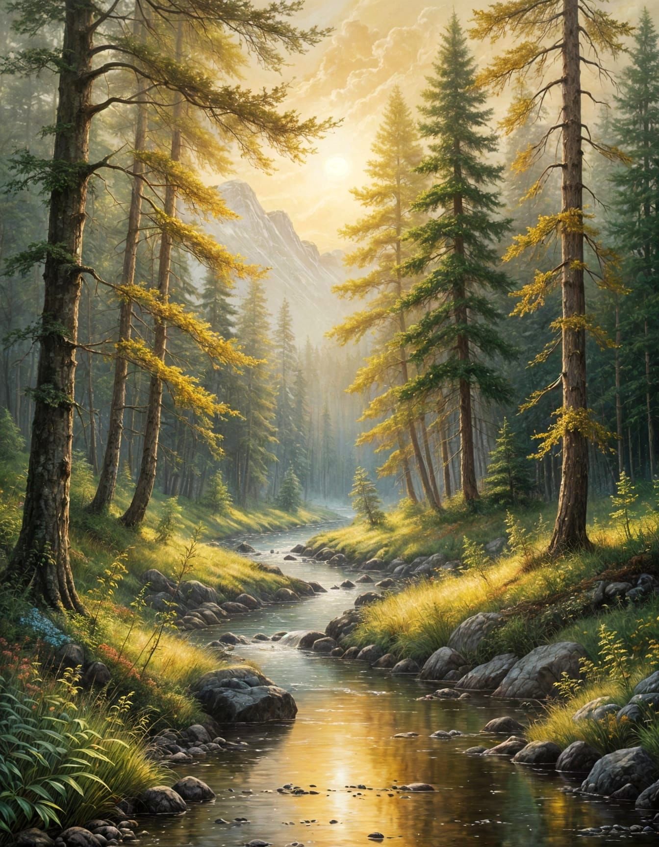 Ethereal Forest Landscape in Traditional Oil Painting Style