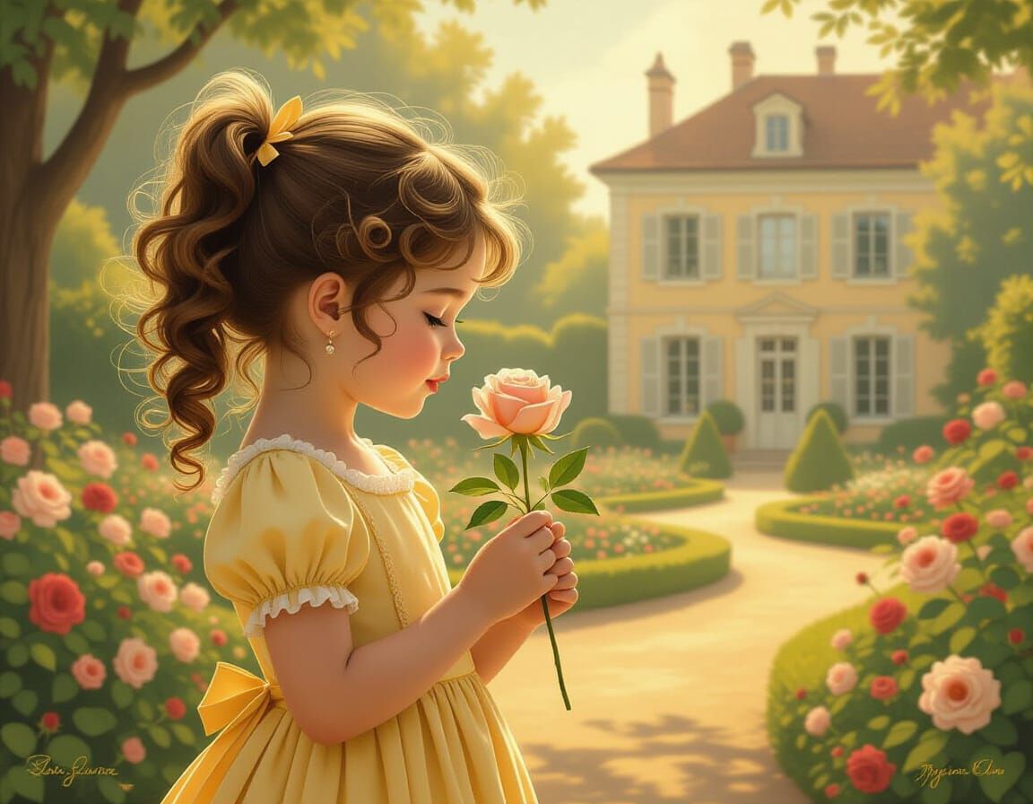 Girl with Rose in French Garden, Dreamy Digital Art