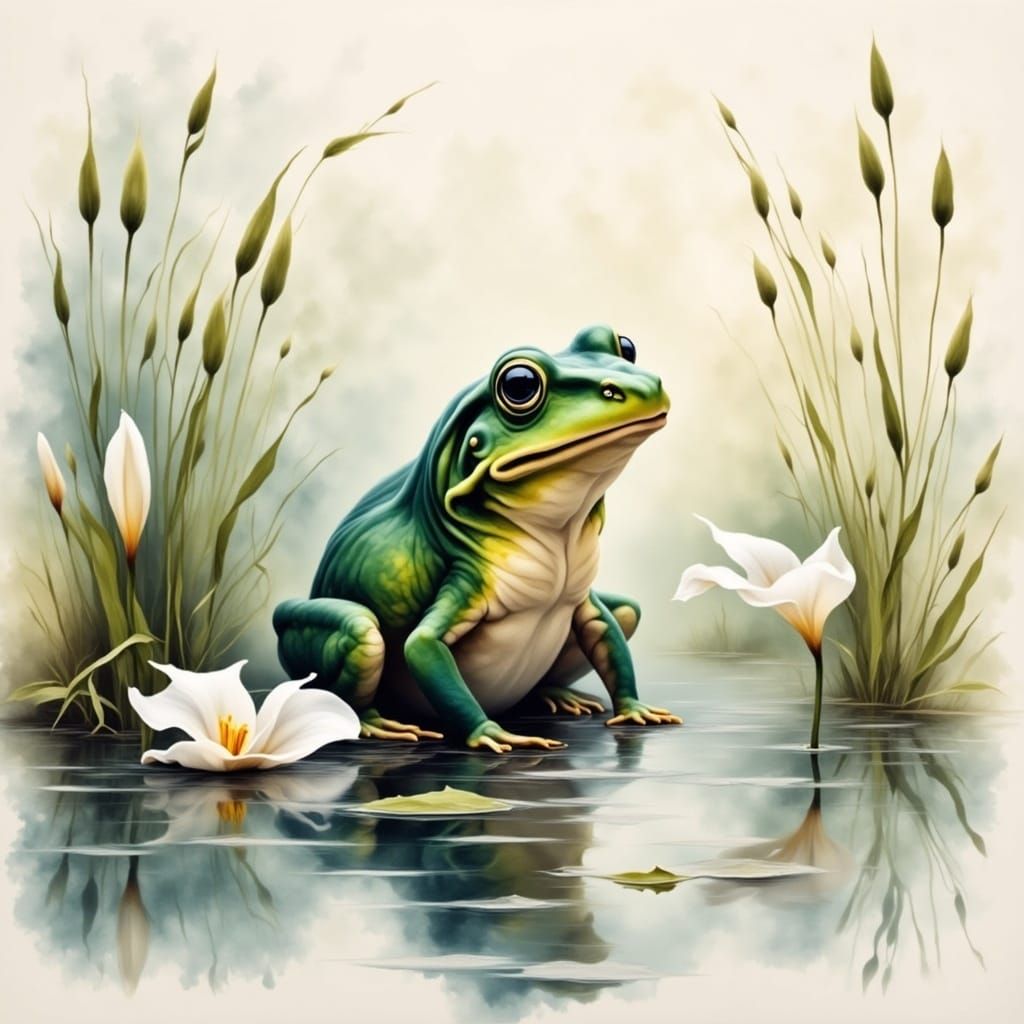 Whimsical Frog in Misty Pond, Antique Watercolor Style