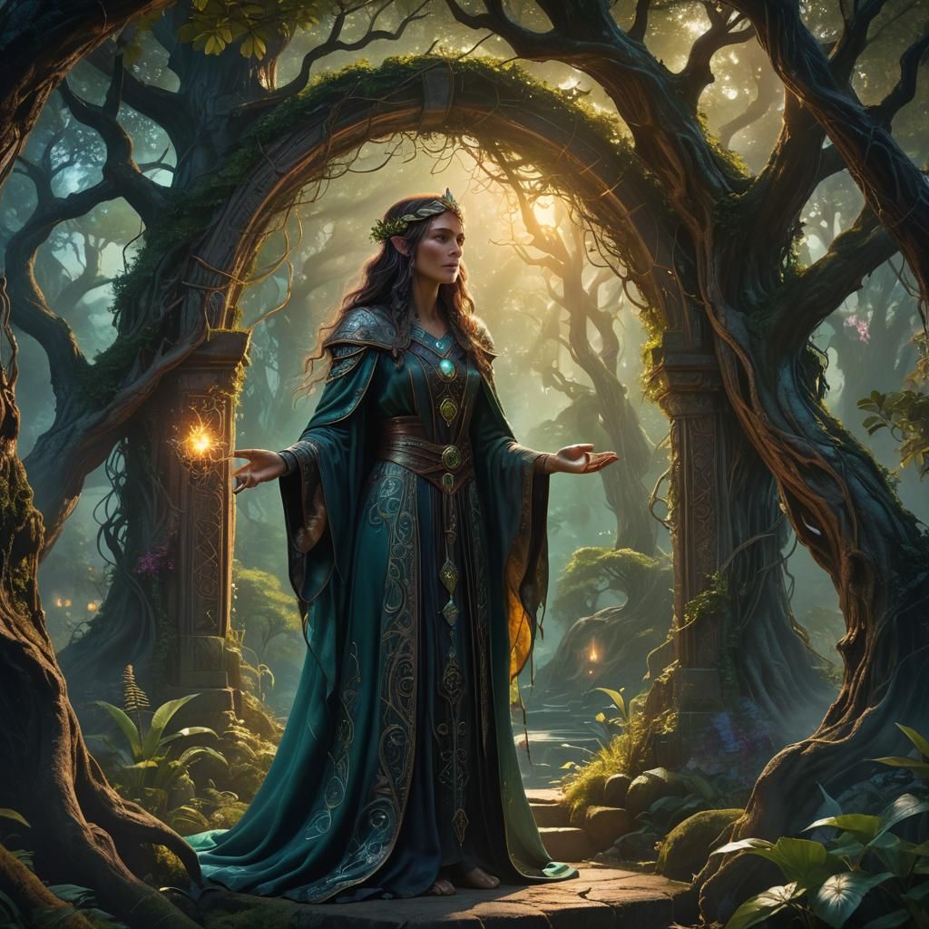 Mystical Sorceress at Glowing Portal: Fantasy Concept Art