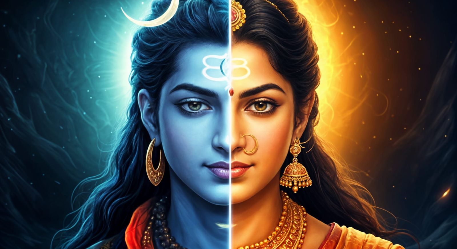 Surreal Digital Art of Ardhanarishvara with Vibrant Colors a...