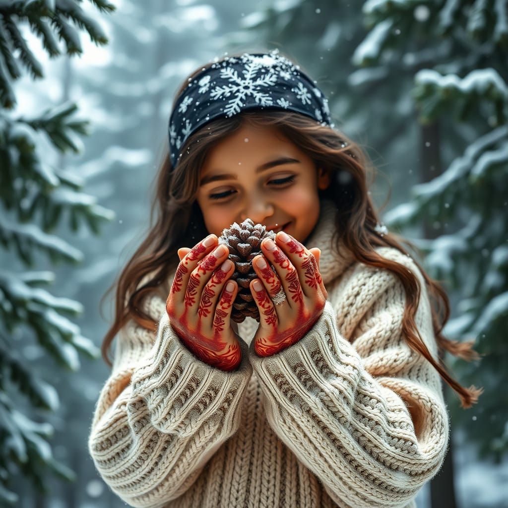 Girl's Mehendi Hands Twirl in Snowy Forest Wonderland