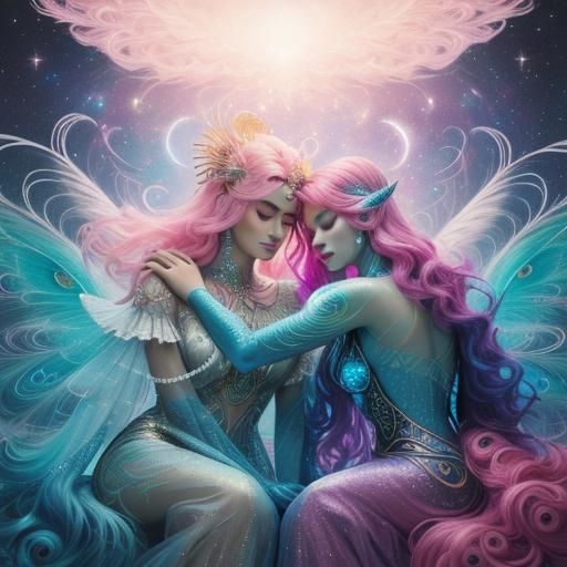 Cosmic Women with Peacock Feathers: Astral Illustration