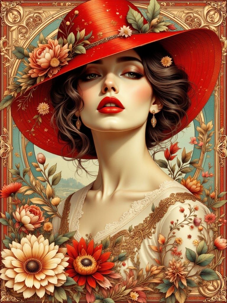 Art Nouveau Fashion Portrait with Red Hat