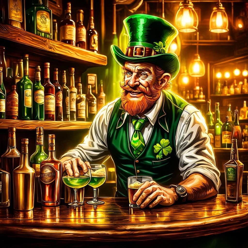a drunk leprechaun bartender serving people alcohol