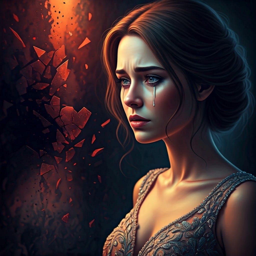 Melancholic Woman's Fractured Reflection: Emotional Portrait