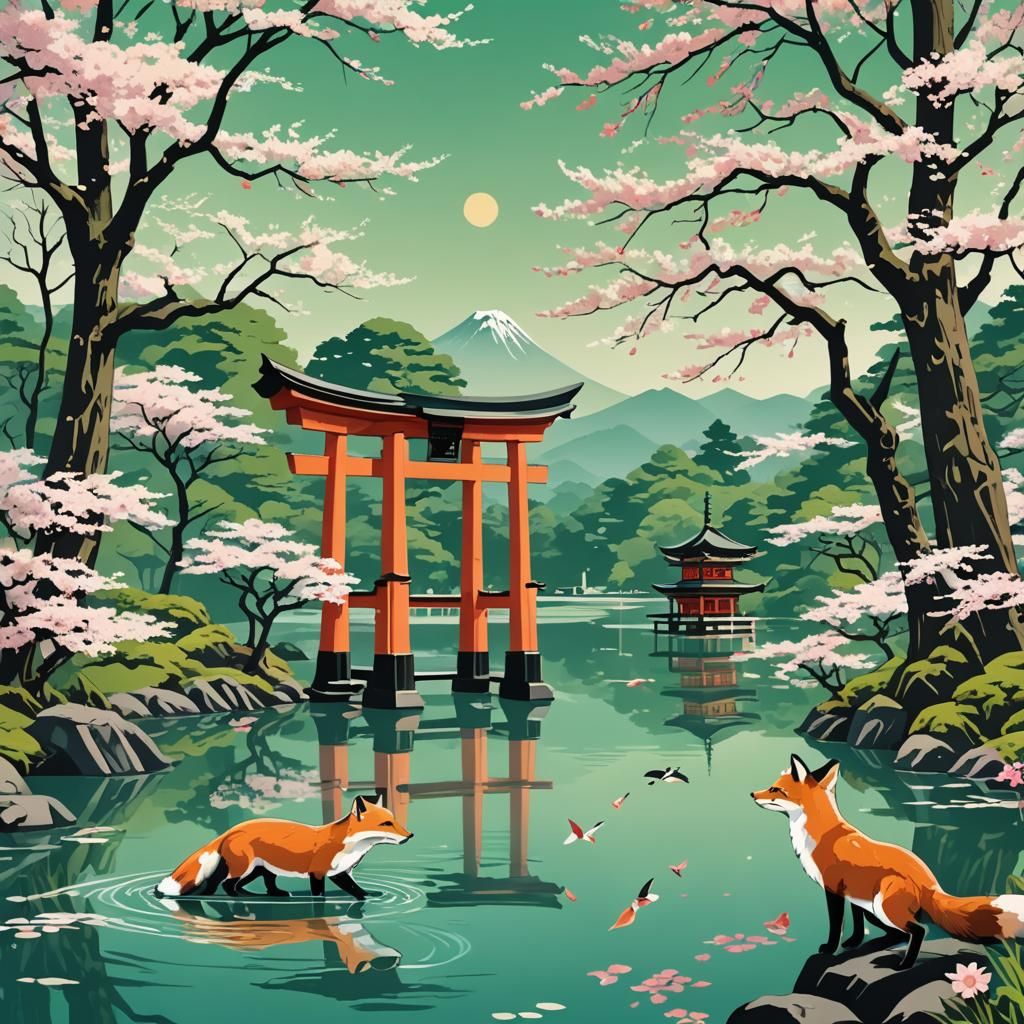 Japanese Shrine with Foxes and Cherry Blossoms in Pop Art