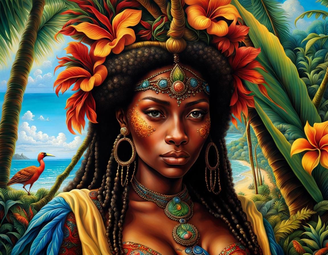 Jamaican Woman Casting Obeah Enchantment on Beach