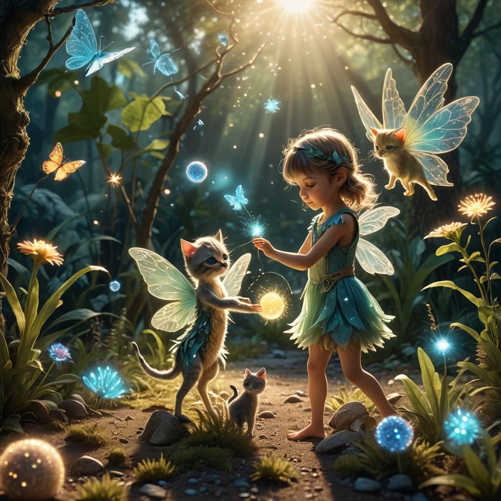Enchanting Fairy and Kitten in Biodiverse Landscape