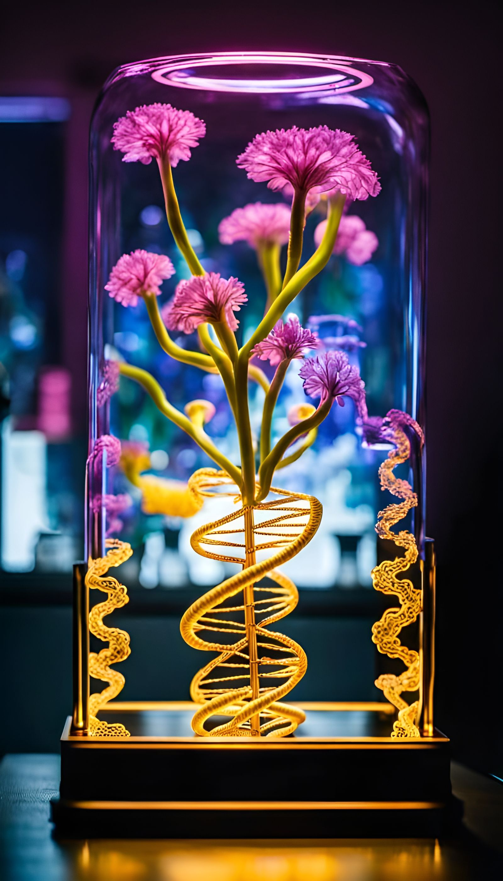 Bioluminescent Eldritch Flowers in DNA Vase