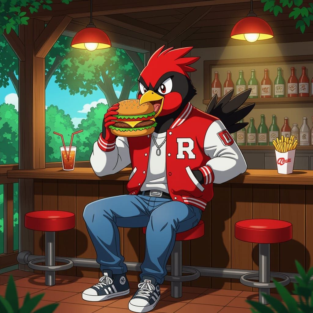 Red Robin Devouring Burger in Anime Style