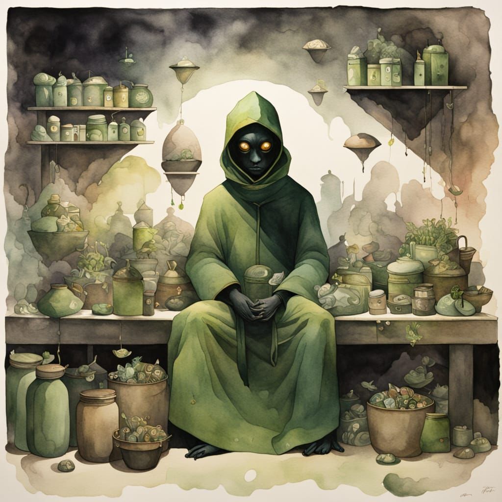 Alien Merchant Selling Dreams: Watercolor Fantasy