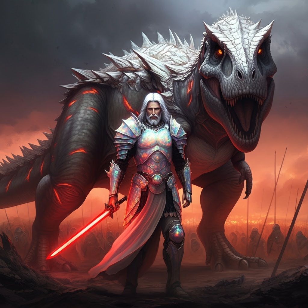 Jesus Christ Warrior with T-Rex on Armageddon Battlefield