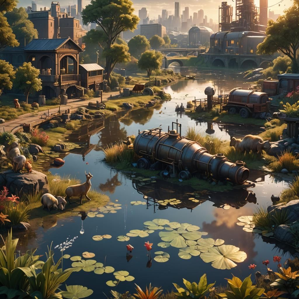 Animals Drinking at Pond with City Pipes: Concept Art