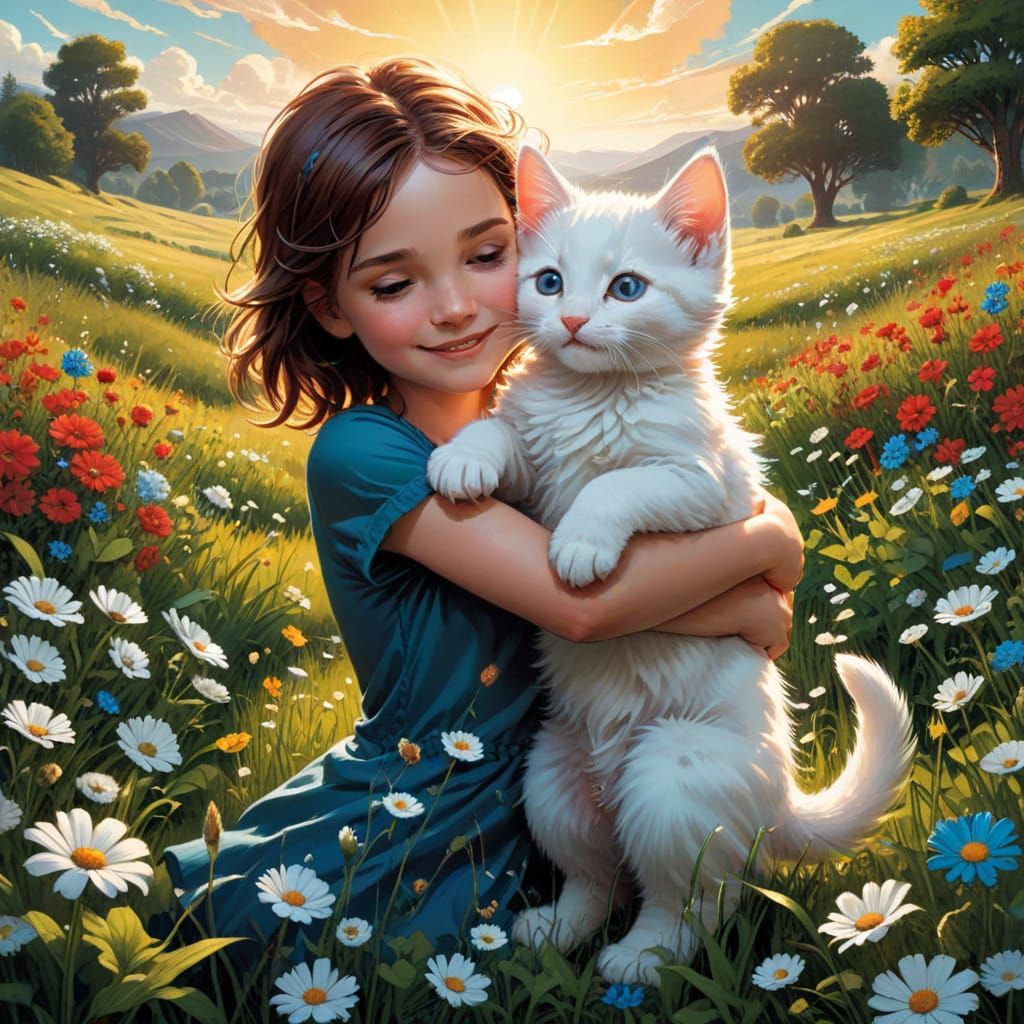 Children Hug a Lovable Kitten in a Sunny Meadow