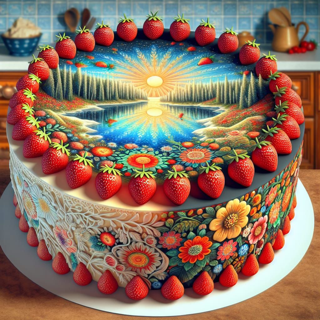 Russian Khokhloma Cake in Whimsical Summer Landscape