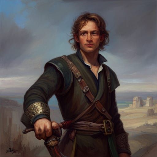 Half-Elf Swashbuckler with Scimitar, Oil Painting