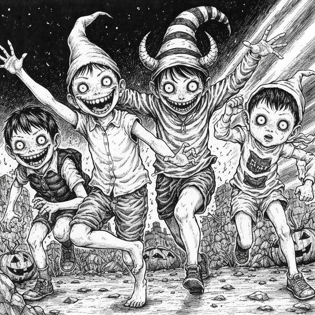 Horror Manga Art: Sinister Demon Children Trick or Treating
