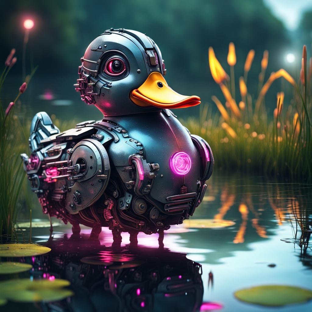 Cyberpunk Cyborg Duck Strolling by a Pond