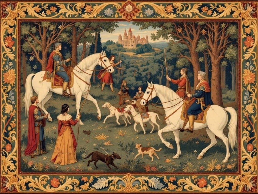 Medieval Hunting Scene in William Morris Style Tapestry