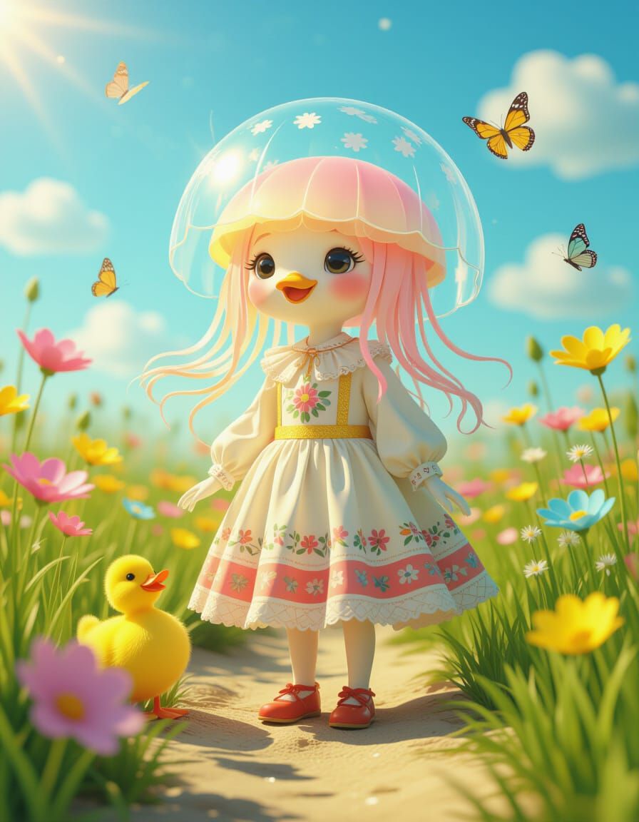 Anthropomorphic Jellyfish in Flower Meadow, 3D Render