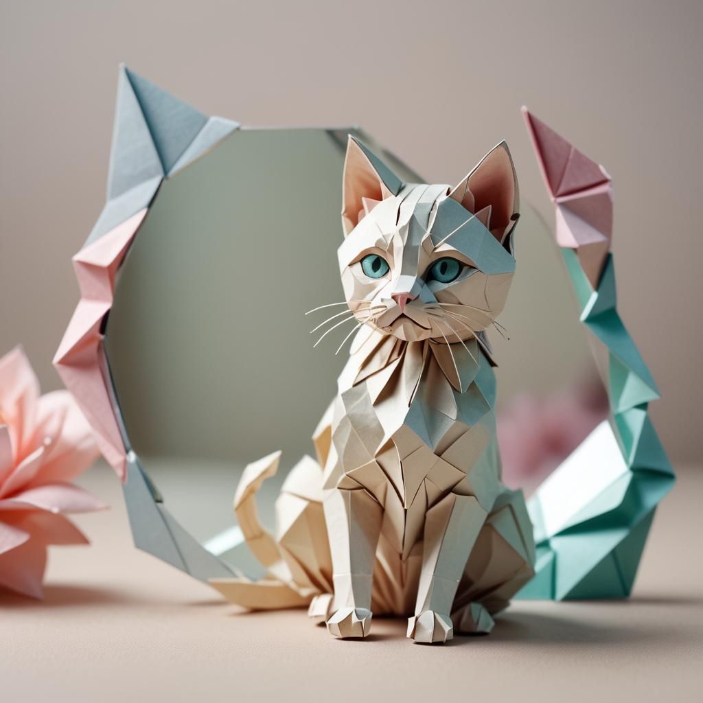 Curious Kitten in Origami Mirror Papercraft