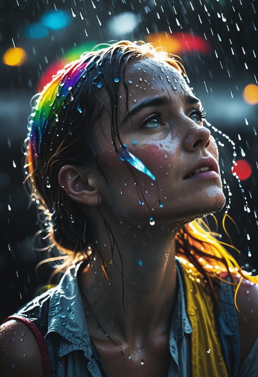 Rainbow Raindrops on Woman's Face: Color Splash Portrait