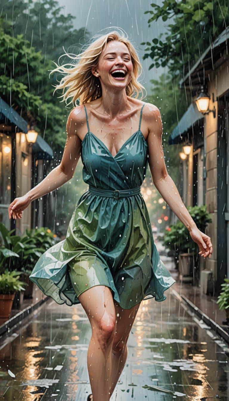 Whimsical Woman Dancing in the Rain