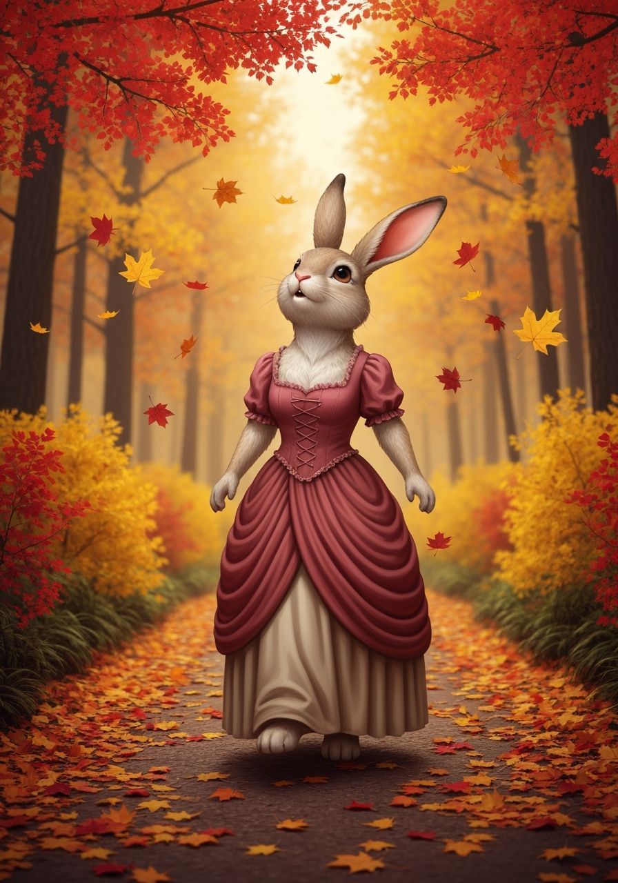 Anthropomorphic Rabbit Enjoys Autumn Forest Stroll