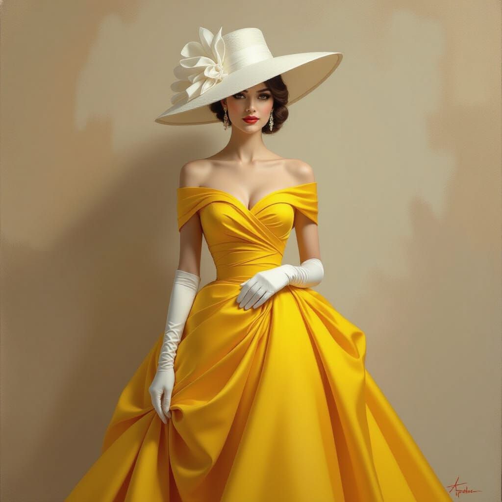 Elegant Woman in Yellow Dress and White Hat Oil Painting