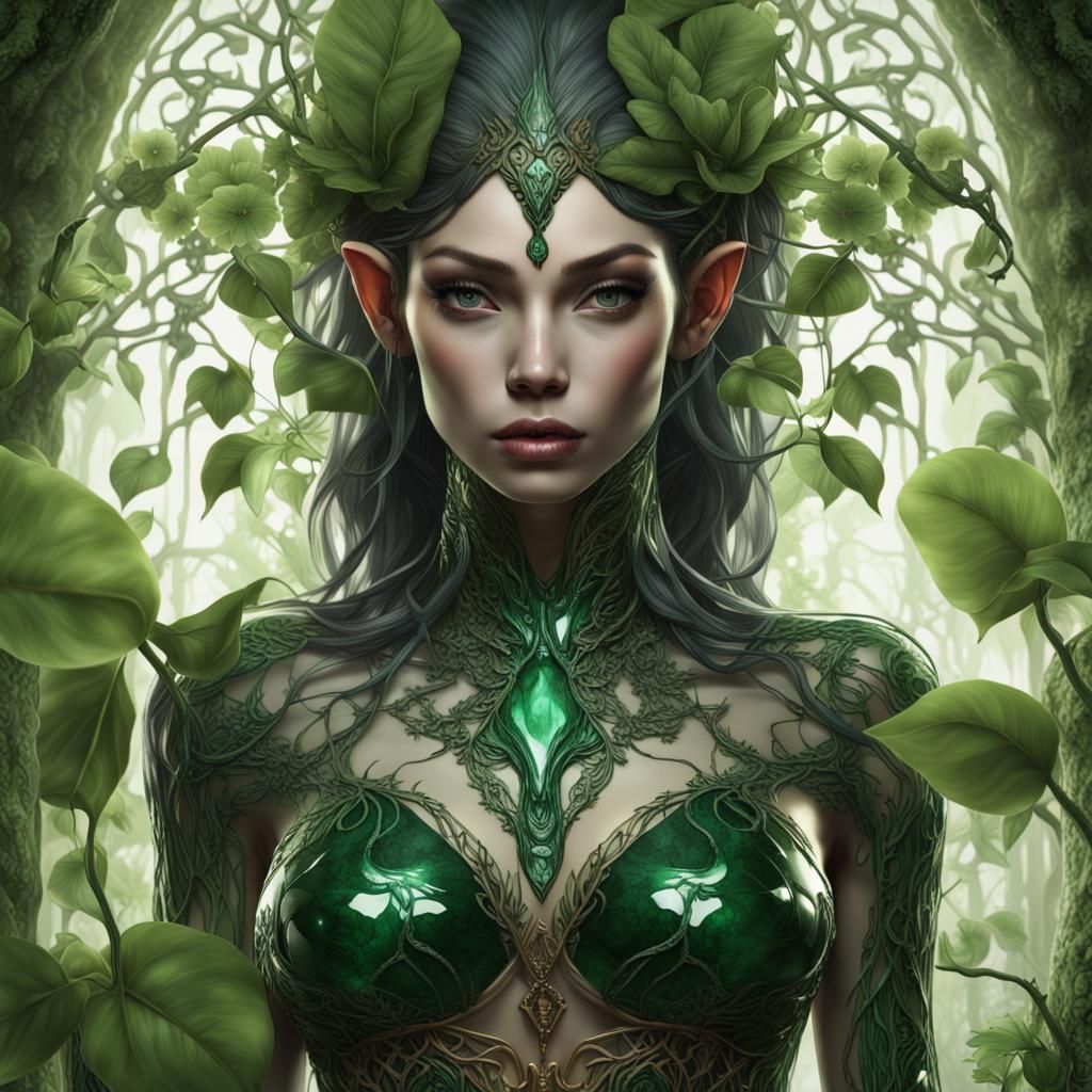 Obsidian Glass Elf in Enchanted Forest, Detailed Matte Paint...