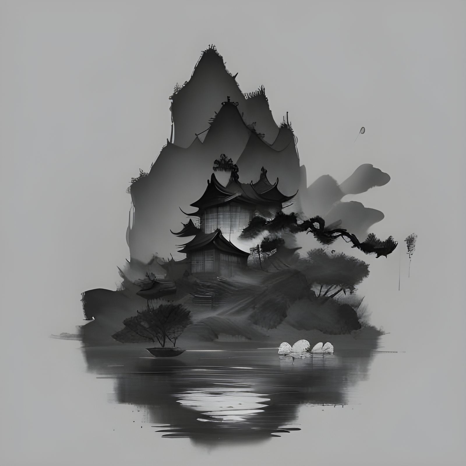 Showering in Chinese Ink Wash Painting Style