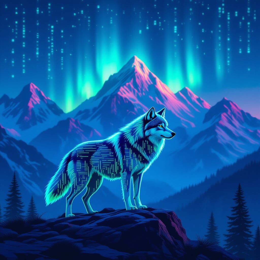 Digital Code Wolf in Glitch Art Mountain Landscape